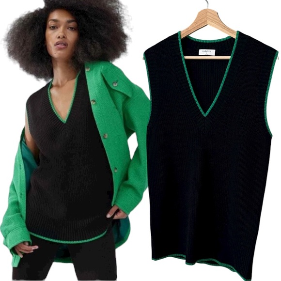Babaton Sweaters - Babaton Sherman Black Knit V-Neck Sleeveless Relaxed Fit Sweater with Green Trim